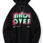A trendy black streetwear hoodie with white ink direct spray design, crafted by a reliable streetwear hoodie manufacturer.