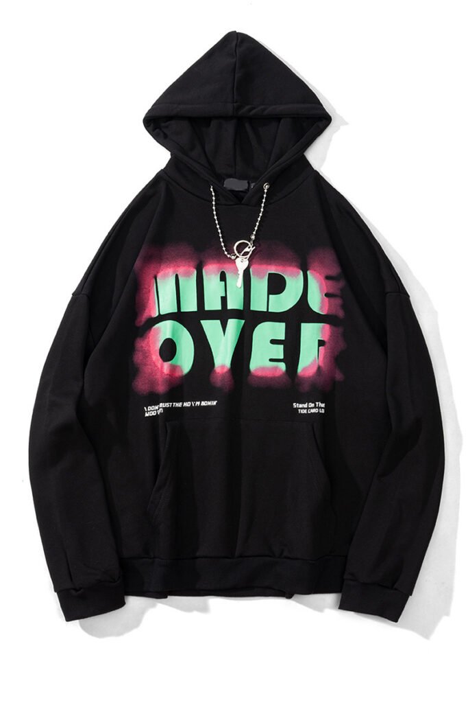 A trendy black streetwear hoodie with white ink direct spray design, crafted by a reliable streetwear hoodie manufacturer.