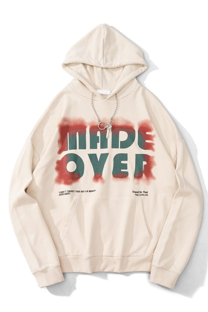 Beige custom hoodie featuring a white ink spray design, tailored by a trusted streetwear hoodie manufacturer.