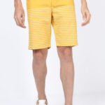 Front view of men's yellow striped casual shorts from custom shorts manufacturer