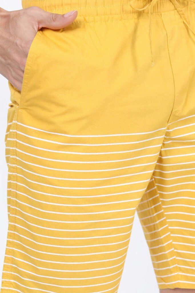 Men's yellow striped casual shorts featuring a custom logo, offered by a custom shorts manufacturer