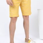 Collection of men's yellow striped casual shorts available for wholesale from custom shorts manufacturer