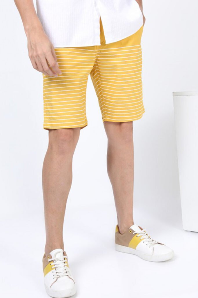 Collection of men's yellow striped casual shorts available for wholesale from custom shorts manufacturer