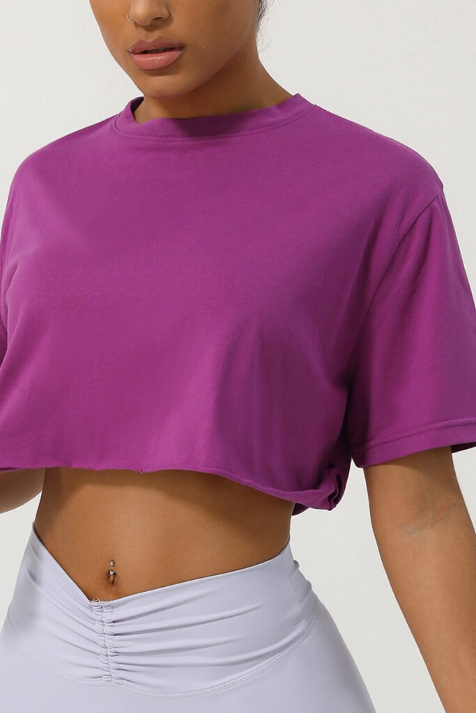 Oversized crop top workout t-shirt in purple for women.