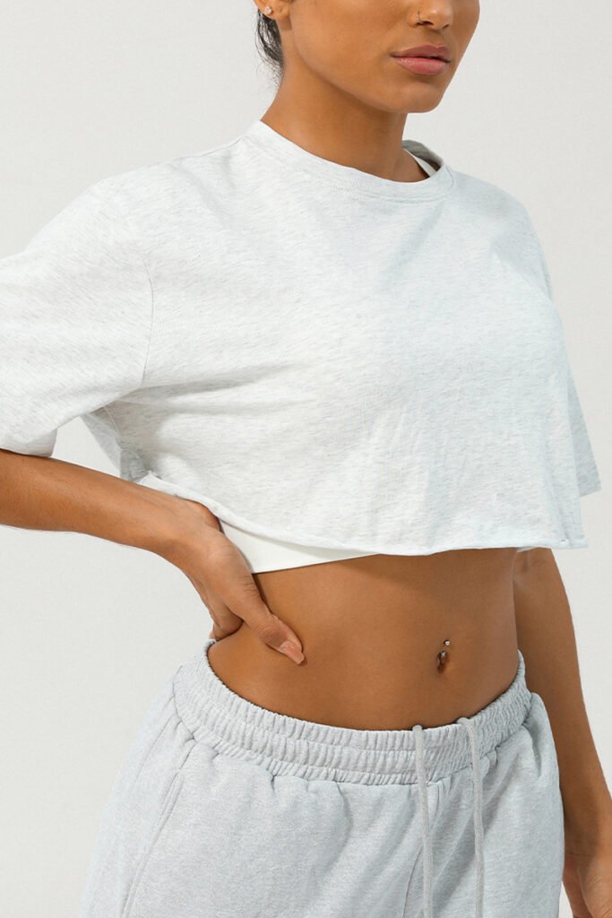 Oversized crop top workout t-shirt in white for women.