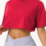 Oversized crop top workout t-shirt in red for women.