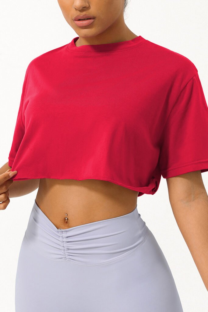 Oversized crop top workout t-shirt in red for women.
